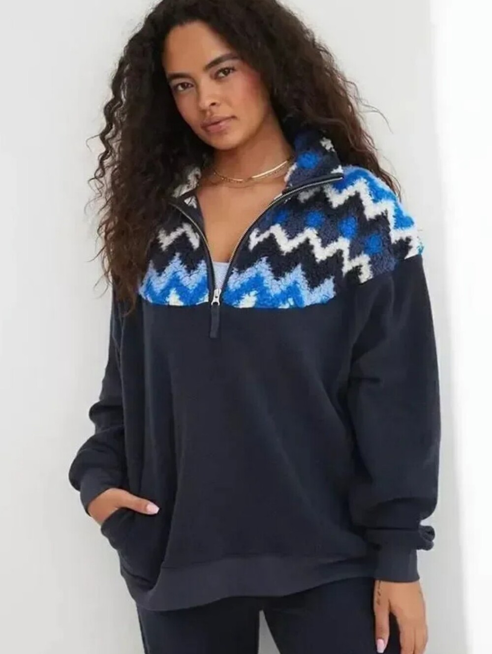 aerie Hometown Holiday Oversized Navy Pullover Sweater Chevron Sherpa Pockets XS